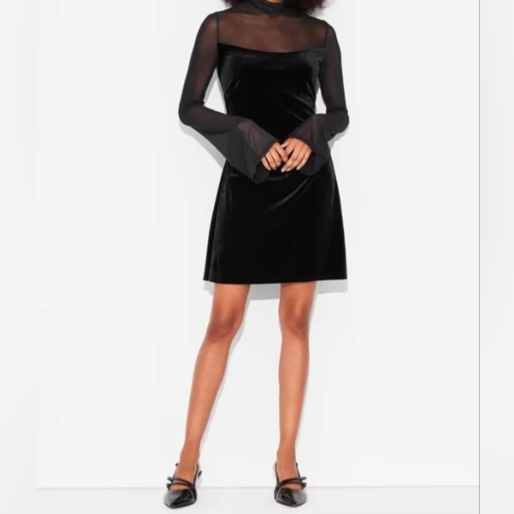Black Velvet Holiday Dress Sheer Long Sleeve Large NWT